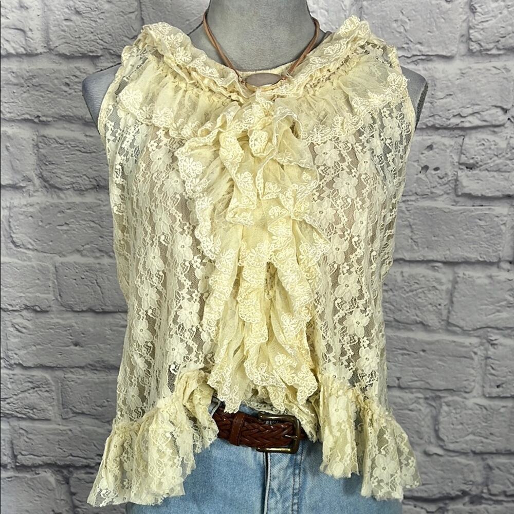 Forever 21 Cream Colored Lace Ruffle Front Sheer Blouse - Picture 2 of 10
